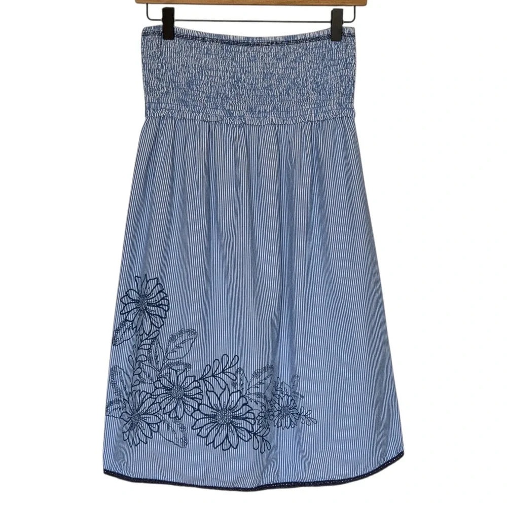 Mossimo Y2K Smocked Dress Size M Blue Striped Strapless Floral Cottagecore Rodeo